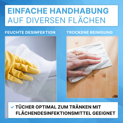 Links verwendet eine behandschuhte Hand Tücher für die "Feuchte Desinfektion", rechts verwendet eine nackte Hand ARNOMED DRY WIPES Trockene Vliestuchrollen von ARNOWA GmbH für die "Trockene Reinigung". Der Text wirbt für eine effektive Desinfektion.