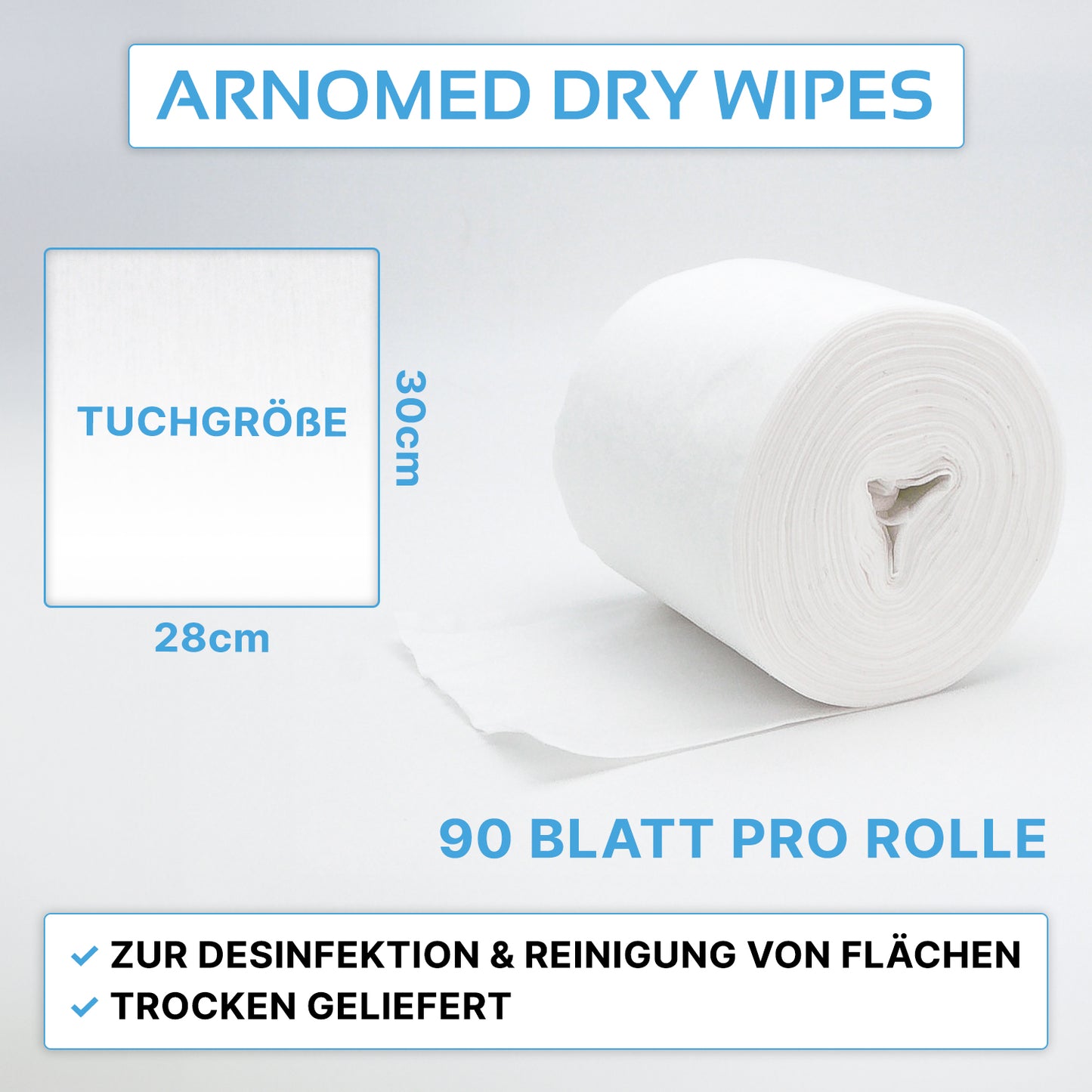Eine Rolle ARNOMED DRY WIPES der ARNOWA GmbH ist mit einem teilweise abgerollten Blatt abgebildet. Jedes Tuch ist 30 × 28 cm groß; jede Rolle enthält 90 Blätter - ideal zum Tränken mit Desinfektionsmittel für die Oberflächenreinigung und -desinfektion.