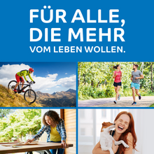 Unter dem deutschen Text „Für alle, die mehr vom Leben wollen.“ befinden sich vier Bilder – Radfahren, Joggen, Schreiben und Lachen mit einem Hund – die perfekt die Momente widerspiegeln, die durch das octenisept® Wunddesinfektionsspray 50 ml der Schülke & Mayr GmbH geschützt sind.