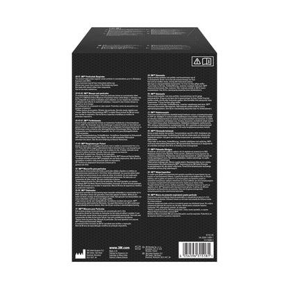 Auf der Rückseite der schwarzen 3M™ Partikelmaske 8710E, FFP1 Box der 3M Deutschland GmbH befinden sich Anleitungen und Produktinformationen in mehreren Sprachen, weißer Text in Spalten, kleine Symbole und ein Barcode unten rechts.