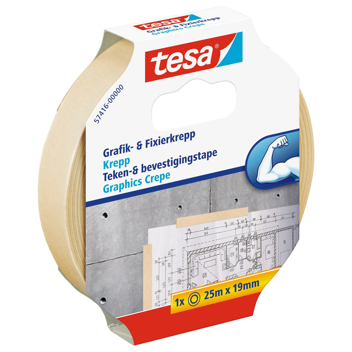 tesa Grafik- und Fixier-Krepp Fixierklebeband chamois, 25 m x 19 mm