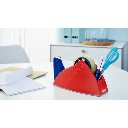 tesa 57421 Easy Cut Tischabroller, leer, für Rollen bis 33m x 19mm, rot-blau – Anwendung