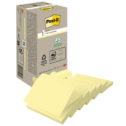 Απεικονίζεται ένα μπεζ κουτί της 3M Deutschland GmbH Post-it® Recycling Z-Notes (76 mm x 76 mm, 100% PEFC, 100 φύλλα/μπλοκ) με πολλά κίτρινα μπλοκ στο μπροστινό μέρος και σύμβολα πιστοποίησης ανακύκλωσης στο κουτί.