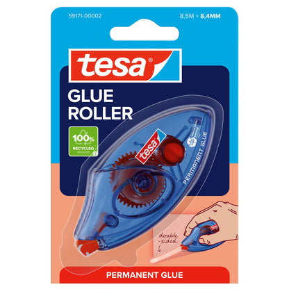 tesa GLUE ROLLER Permanent Disposable, 8,5 m x 8,4 mm, transparent, im Blister