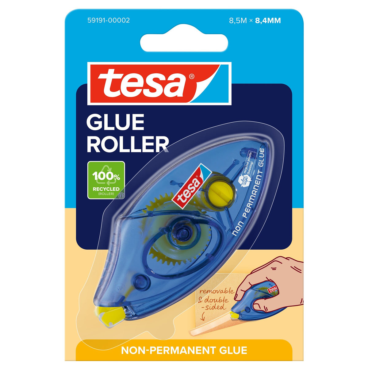 tesa GLUE ROLLER Non-Permanent Disposable, 8,5 m x 8,4 mm, transparent im Blister