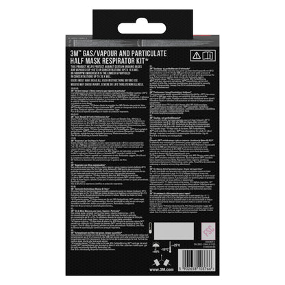 Die Rückseite eines 3M™ Filtersatzes 6003-1SP, A2P3 (2x6055, 2x5935, 2x501) von 3M Deutschland GmbH zeigt Produktinfos zur Verwendung mit organischen Dämpfen und Partikeln sowie Anweisungen, Warnhinweise und Symbole in Weiß auf Schwarz.