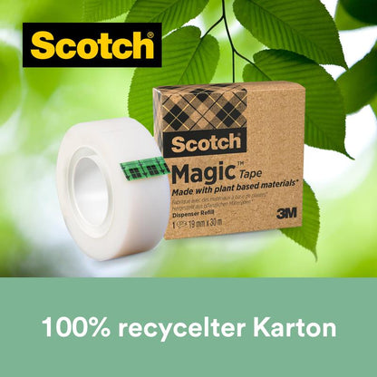 Ένας ρόλος ταινίας Scotch® Magic™ (19 mm x 30 m, 66% φυτική κόλλα) της 3M Deutschland GmbH κρέμεται από τη συσκευασία της από "100% ανακυκλωμένο χαρτόνι", που τονίζει τα φυτικά υλικά.