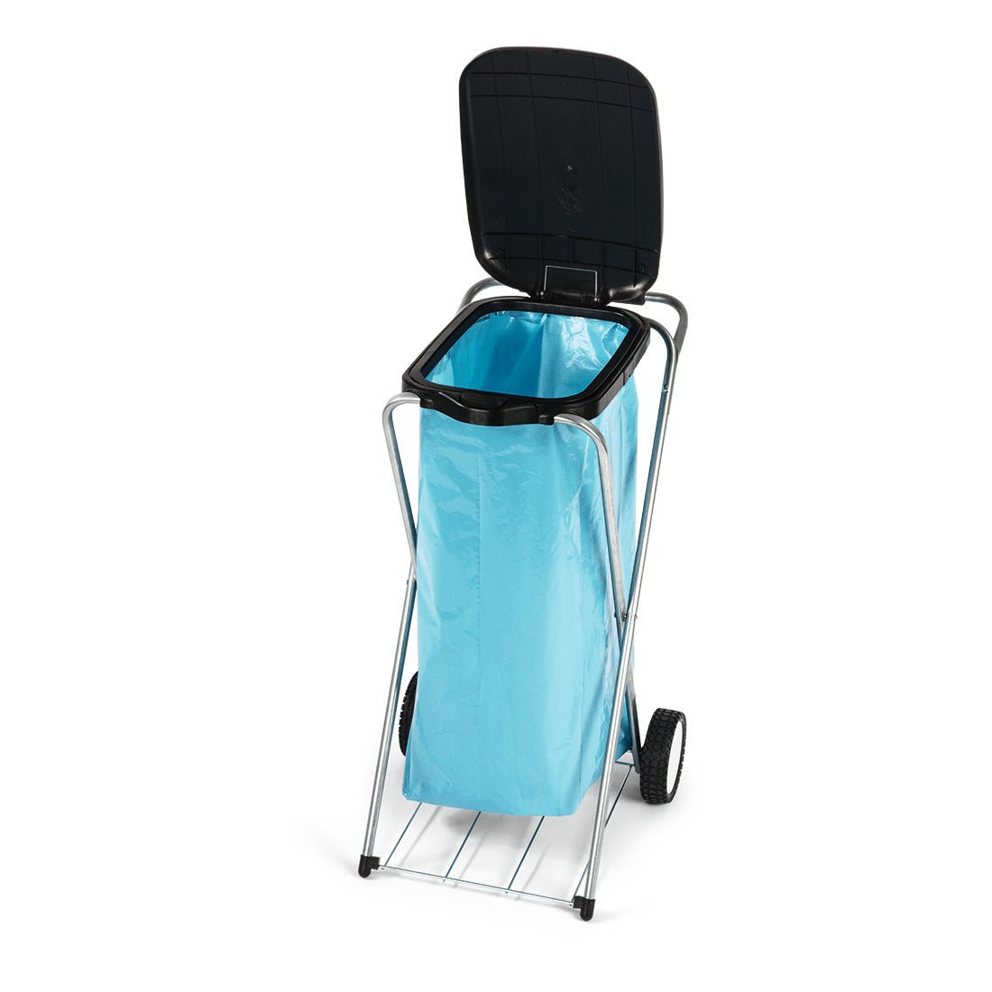 Ο κινητός συλλέκτης απορριμμάτων Nölle Profi (35x37x78 cm) από την Nölle Profi Brush Bürsten- & Pinseltechnik e.K. διαθέτει μεταλλικά πόδια, ένα μαύρο καπάκι, μια μπλε τσάντα και δύο ρόδες· απεικονίζεται όρθιος με ανοιχτό καπάκι.