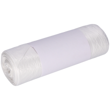 Eine Rolle DEISS Müllbeutel 490x600 mm aus HDPE 30 l der EMIL DEISS KG (GmbH + Co.) ist mit einer einfarbig weißen Papierbanderole umwickelt und dicht verpackt vor einem hellen Hintergrund abgebildet.