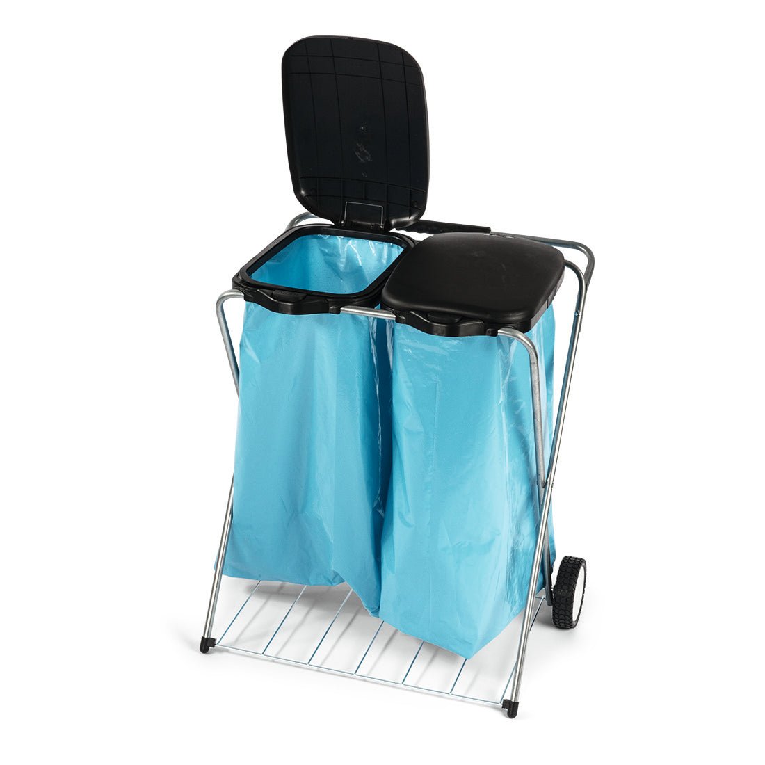 Ο κινητός συλλέκτης απορριμμάτων Nölle Profi, 2-θέσιος (66x37x78 cm) από την Nölle Profi Brush Bürsten- & Pinseltechnik e.K. προσφέρει δύο μεταλλικά διαμερίσματα με μαύρα καπάκια και ρόδες για εύκολη διαλογή απορριμμάτων και κινητικότητα.