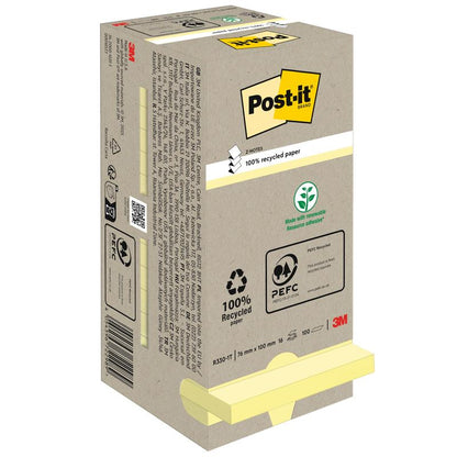 Απεικονίζεται ένα κουτί της 3M Deutschland GmbH Post-it® Recycling Z-Notes (76x76mm, 100 φύλλα, 100% PEFC) με οικολογικά σύμβολα στη συσκευασία και δύο κίτρινα μπλοκ που είναι εν μέρει ορατά στο κάτω μέρος.