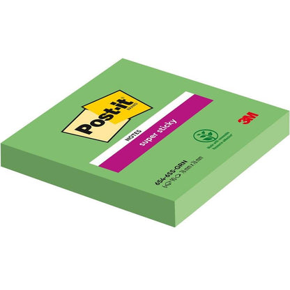 Ένα μπλοκ Post-it® Super Sticky Notes (76 mm x 76 mm, 90 φύλλα), κατασκευασμένο από την 3M Deutschland GmbH, απεικονίζεται σε πράσινο χρώμα. Η ετικέτα δείχνει το λογότυπο της μάρκας, "Super Sticky", ένα σύμβολο ανακύκλωσης και την ένδειξη ότι αποτελείται 100% από υλικό πιστοποιημένο από PEFC.