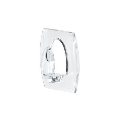 Ένα Command™ Mini-Haken, transparent, με διαφανείς Strips (17006CLRFGN) von 3M Deutschland GmbH φαίνεται διαγώνια σε λευκό φόντο; το ορθογώνιο αντικείμενο έχει στρογγυλεμένες γωνίες και μια οβάλ ανάρτηση στο κέντρο.