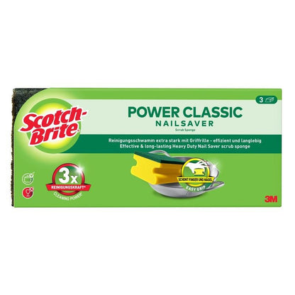 Ένα ορθογώνιο κουτί Scotch-Brite® Classic Griffschwamm της 3M Deutschland GmbH με εικόνες προϊόντων, επωνυμία και πληροφορίες για αποτελεσματικό καθαρισμό στα Γερμανικά και Αγγλικά.