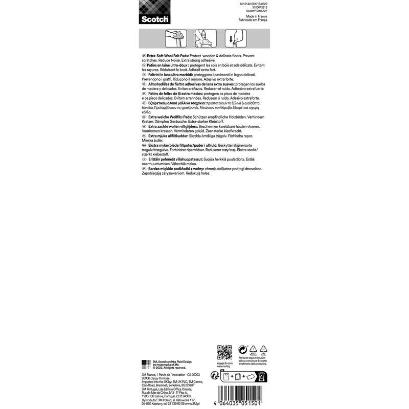 Μια πολυγλωσσική ετικέτα για Scotch® εξαιρετικά μαλακά αυτοκόλλητα μαξιλάρια τσόχας, μπεζ από την 3M Deutschland GmbH περιγράφει τη χρήση για την προστασία ξύλινων και ευαίσθητων δαπέδων, για τη μείωση του θορύβου και παρέχει οδηγίες και πληροφορίες κατασκευής.