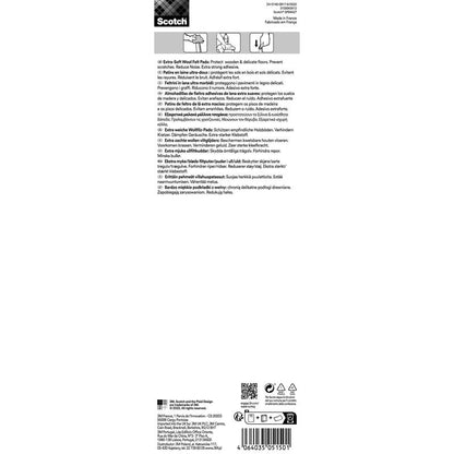 Μια πολυγλωσσική ετικέτα για Scotch® εξαιρετικά μαλακά αυτοκόλλητα μαξιλάρια τσόχας, μπεζ από την 3M Deutschland GmbH περιγράφει τη χρήση για την προστασία ξύλινων και ευαίσθητων δαπέδων, για τη μείωση του θορύβου και παρέχει οδηγίες και πληροφορίες κατασκευής.