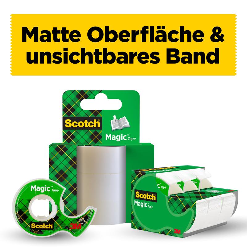 Απεικονίζεται μια συσκευασία 3M Deutschland GmbH Scotch® Magic™ Αόρατη Ταινία (19 mm x 25 m) σε πράσινο καρό σχέδιο, με ένα ρολό σε χειροκίνητο διανομέα συν 5 m δωρεάν. Πάνω υπάρχει το γερμανικό κείμενο: "Ματ επιφάνεια & αόρατη ταινία."