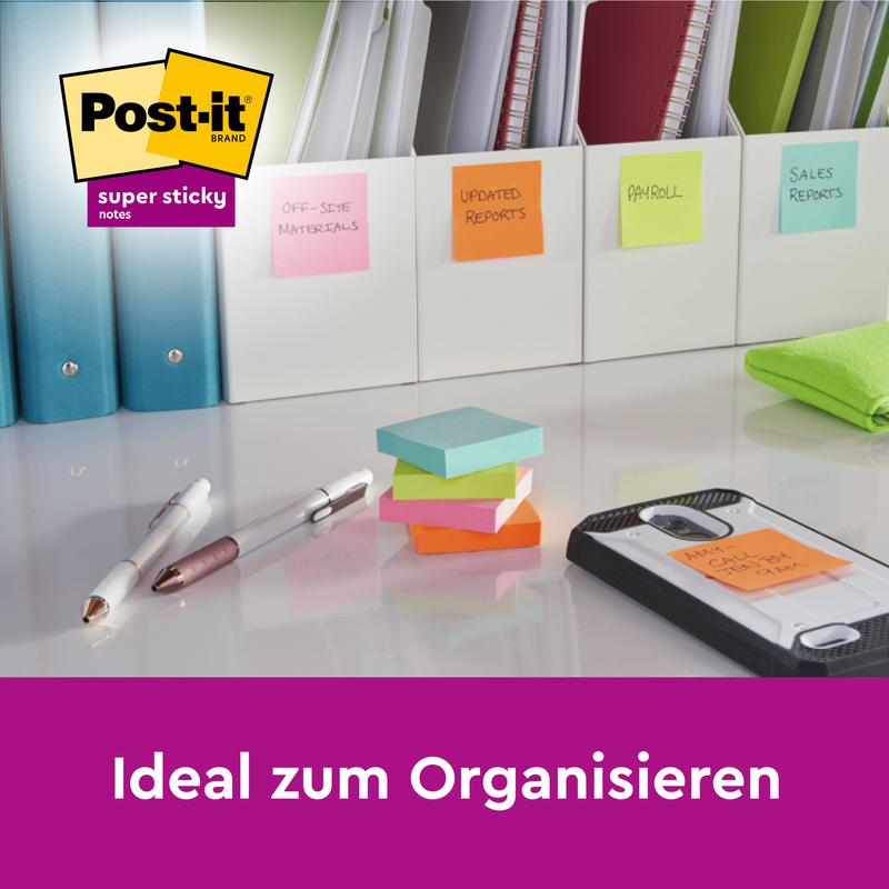 Ένα γραφείο με Post-it® Super Sticky Notes της 3M Deutschland GmbH (76 mm x 127 mm, 90 φύλλα/μπλοκ, 100% PEFC), που βοηθούν στην οργάνωση φακέλων όπως "Εξωτερικά υλικά", "Ενημερωμένες αναφορές", "Μισθοδοσία" και άλλα. Κείμενο: "Ιδανικό για οργάνωση."
