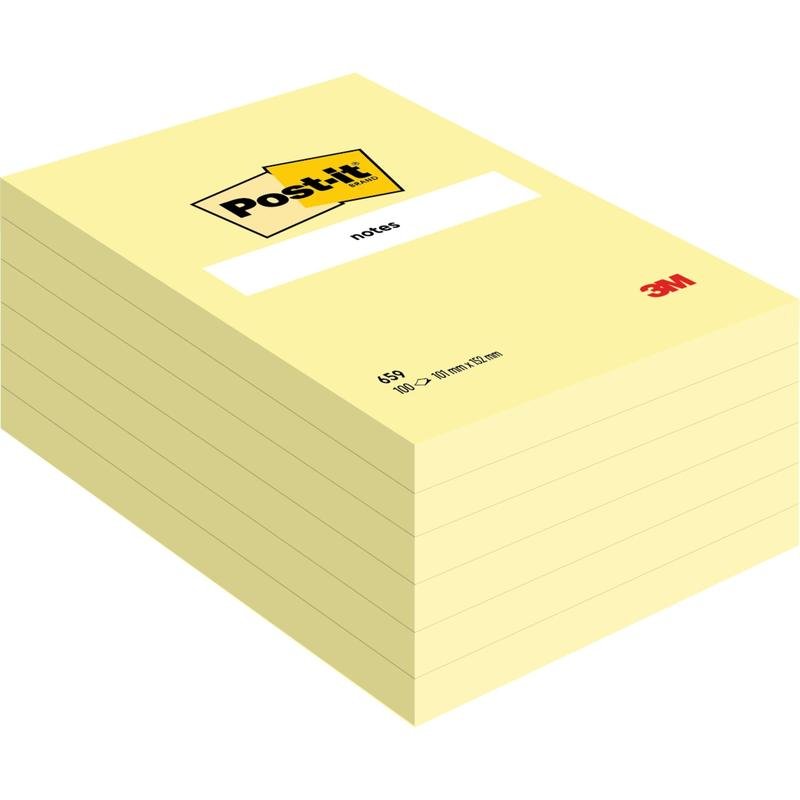 Ένας σωρός από νέα, μεγάλα, κίτρινα Post-it® Notes (101 mm x 152 mm) της 3M Deutschland GmbH, με καθαρά ευθυγραμμισμένα μπλοκ και μια ετικέτα "notes" από πάνω.