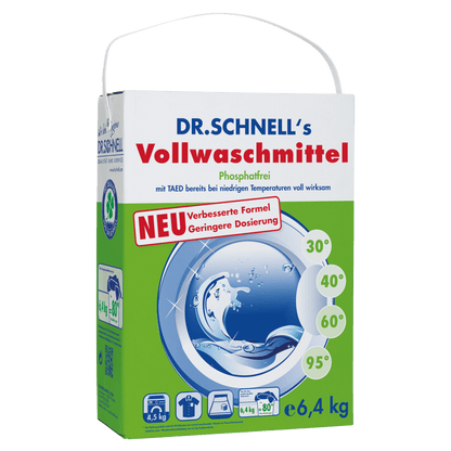 Μια συσκευασία 6,4 kg του απορρυπαντικού DR.SCHNELL GmbH & Co. KGaA's DR.SCHNELL'S VOLLWASCHMITTEL με λαβή, σε πράσινη-λευκή συσκευασία με μπλε πινελιές, κατάλληλη για επαγγελματικό καθαρισμό από 30°C έως 95°C.