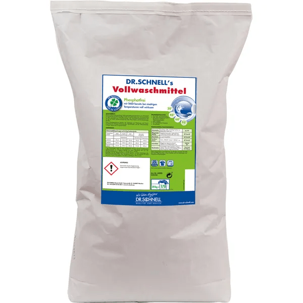 Μια σφραγισμένη, μεγάλη λευκή πλαστική σακούλα από Dr. Schnell DR.SCHNELL'S VOLLWASCHMITTEL της DR.SCHNELL GmbH & Co. KGaA, με πράσινες και μπλε πινελιές και γερμανικές πληροφορίες προϊόντος, οδηγίες χρήσης και προειδοποιήσεις ασφαλείας.