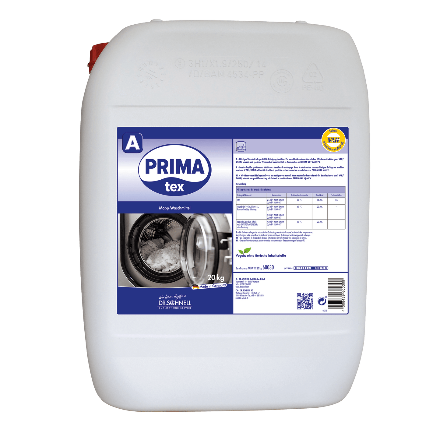 Ένα μεγάλο λευκό πλαστικό δοχείο 20 κιλών με την επιγραφή "Dr. Schnell PRIMA TEX" της DR.SCHNELL GmbH & Co. KGaA είναι εφοδιασμένο με μπλε ετικέτα με εικόνα πλυντηρίου, πίνακα δοσολογίας και κίτρινη σήμανση πιστοποίησης - ιδανικό για επαγγελματικό καθαρισμό.