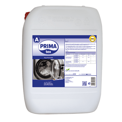 Ένα μεγάλο λευκό πλαστικό δοχείο 20 κιλών με την επιγραφή "Dr. Schnell PRIMA TEX" της DR.SCHNELL GmbH & Co. KGaA είναι εφοδιασμένο με μπλε ετικέτα με εικόνα πλυντηρίου, πίνακα δοσολογίας και κίτρινη σήμανση πιστοποίησης - ιδανικό για επαγγελματικό καθαρισμό.