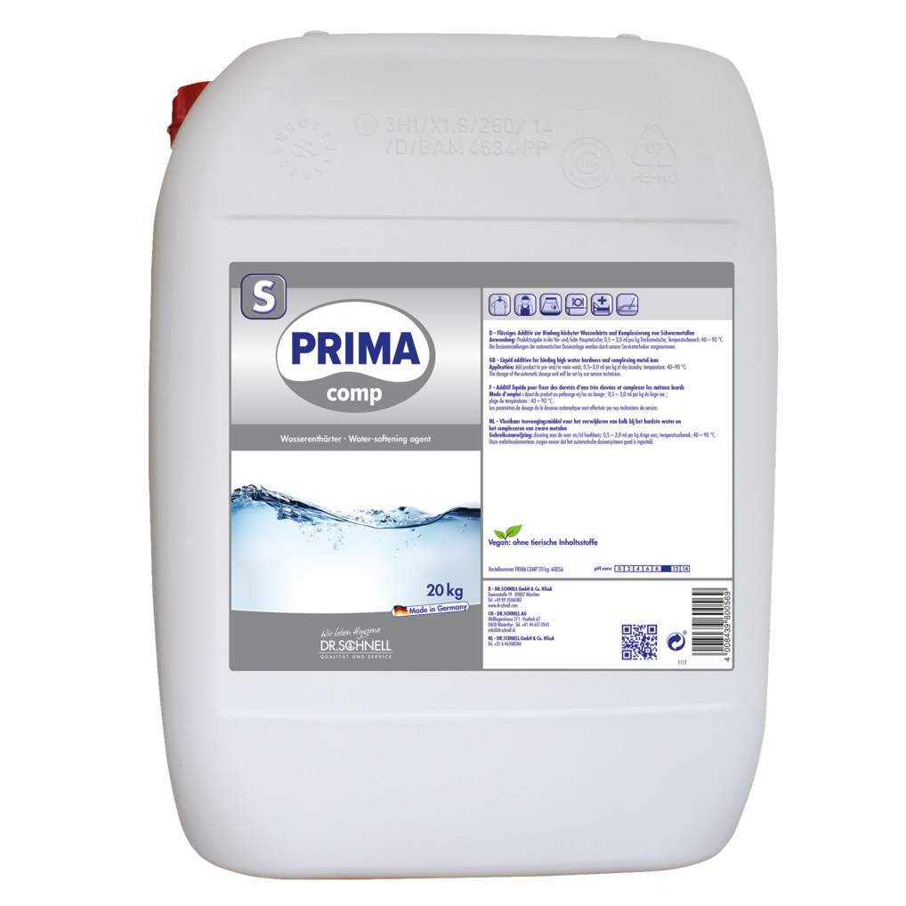 Ein 20 kg schwerer weißer Kunststoffkanister mit Griff und rotem Deckel, beschriftet mit "Dr. Schnell PRIMA COMP Flüssiger Komplexbildner für Wäschehygiene, DRS Dosierung" von DR.SCHNELL GmbH & Co. KGaA. Das Etikett enthält Text, Symbole, Barcode und QR-Code.