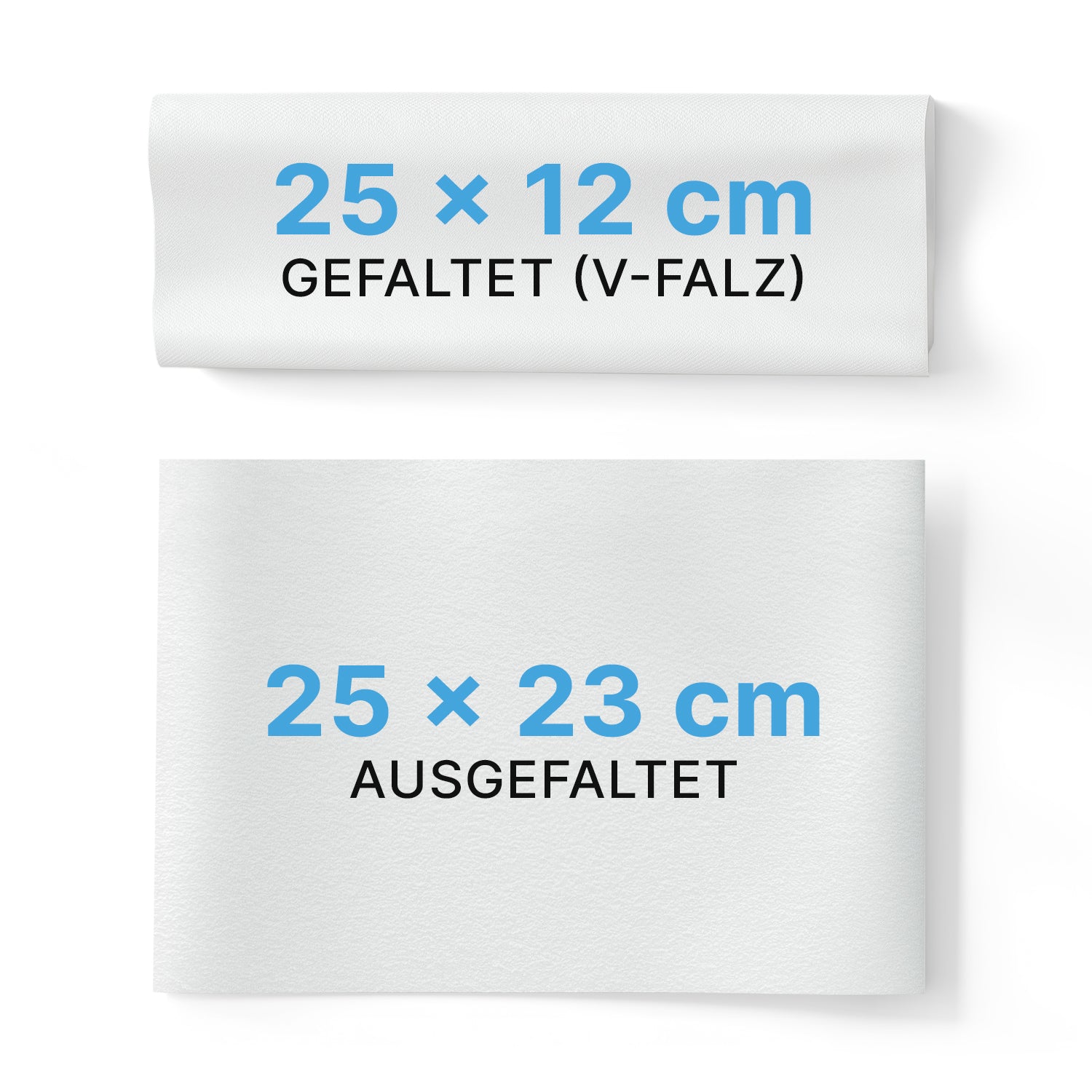 Abgebildet sind zwei ARNOMED PAPIERHANDTÜCHER (ARNOWA GmbH): einer gefaltet in V-Falz (25 × 12 cm), der andere ungefaltet (25 × 23 cm). Beide sind mit blauer und schwarzer Schrift versehen und damit ideal für Waschräume.