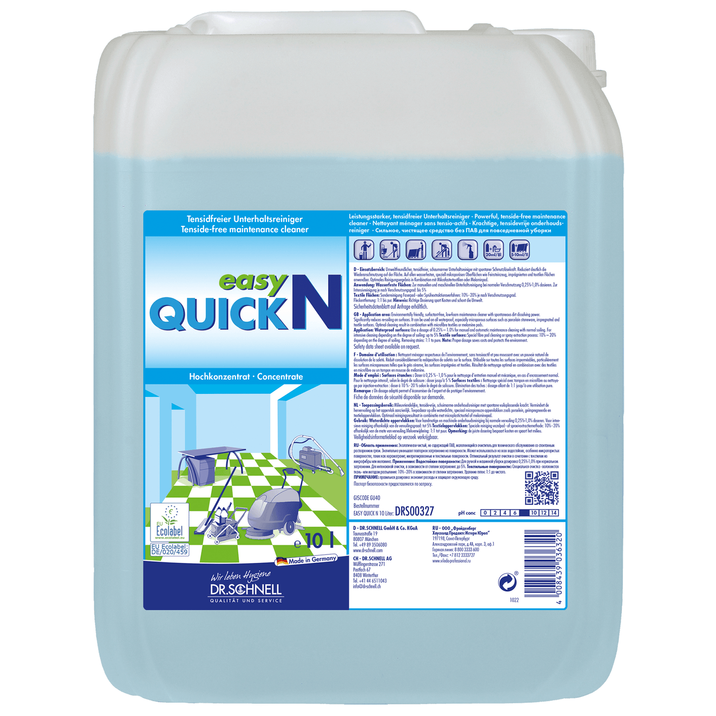 Ένα δοχείο 10 λίτρων Dr. Schnell EASY QUICK της DR.SCHNELL GmbH & Co. KGaA δείχνει στην ετικέτα του οδηγίες, σύμβολα χρήσης και εικόνες καθαρών επιφανειών, καθιστώντας το κατάλληλο ως πολυλειτουργικό καθαριστικό για επαγγελματική χρήση.