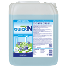 Ένα δοχείο 10 λίτρων Dr. Schnell EASY QUICK της DR.SCHNELL GmbH & Co. KGaA δείχνει στην ετικέτα του οδηγίες, σύμβολα χρήσης και εικόνες καθαρών επιφανειών, καθιστώντας το κατάλληλο ως πολυλειτουργικό καθαριστικό για επαγγελματική χρήση.