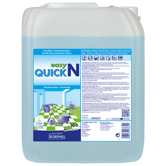 Ein 10-Liter-Gebinde Dr. Schnell EASY QUICK der DR.SCHNELL GmbH & Co. KGaA zeigt auf seinem Etikett Hinweise, Anwendungssymbole und Bilder von sauberen Oberflächen und eignet sich damit als vielseitiger Reiniger für den professionellen Einsatz.