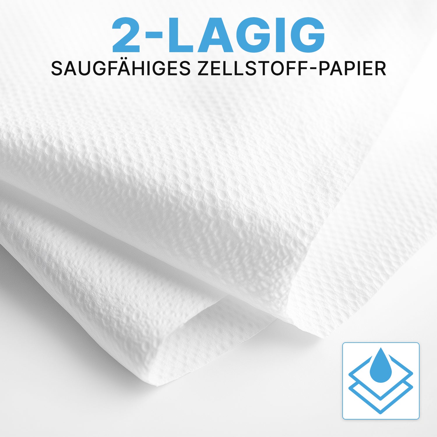 Zwei Blätter ARNOMED PAPIERHANDTÜCHER 25 x 23 cm | V-FALZ der ARNOWA GmbH zeigen ihre saugfähige, 2-lagige Zellulosetextur - ideal für Waschräume. Das Bild zeigt ein blaues Icon aus gestapelten Blättern mit einem Wassertropfen.
