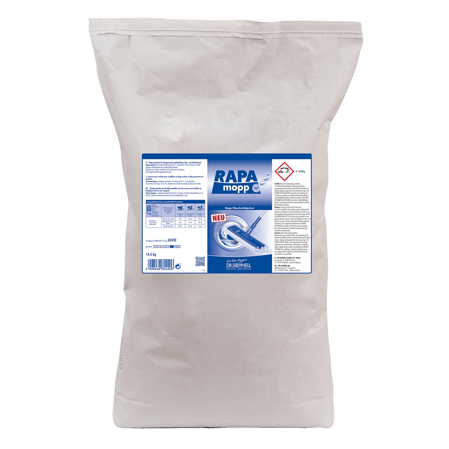 Ένας λευκός πλαστικός σάκος 1450g Dr. Schnell RAPA MOPP Σκόνη απορρυπαντικού για σφουγγαρίστρες χωρίς φωσφορικά άλατα της DR.SCHNELL GmbH & Co. KGaA είναι εξοπλισμένος με σύμβολα ασφαλείας και οδηγίες που εξασφαλίζουν επαγγελματική υγιεινή πλύσης κατά τον καθαρισμό υφασμάτων.