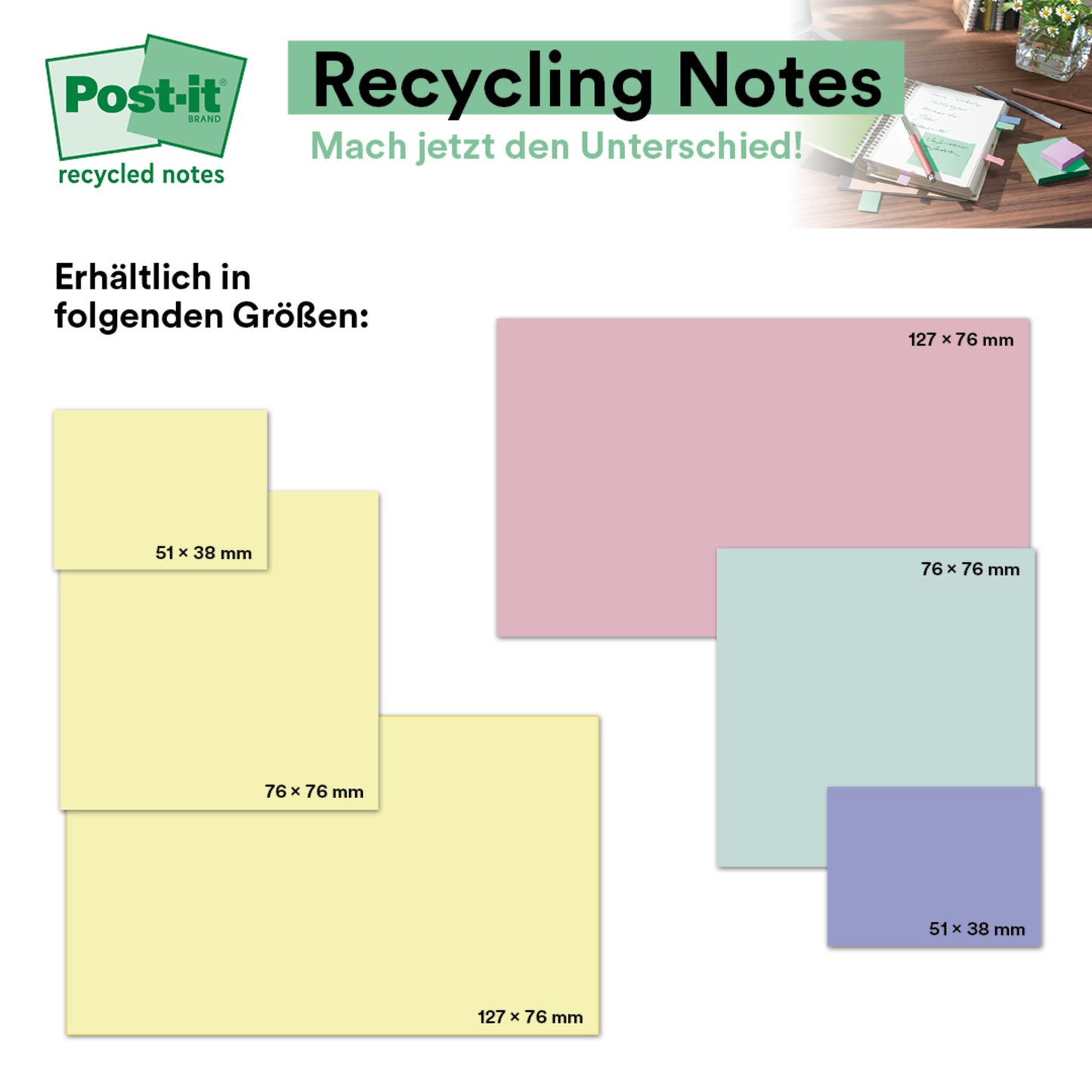Eine Grafik zeigt Post-it® Recycling Notes (76 x 76 mm, 100 Blatt/Block, 100% PEFC) von 3M Deutschland GmbH in den Farben gelb, rosa, grün und blau. Der deutsche Text hebt ihre Verfügbarkeit hervor.