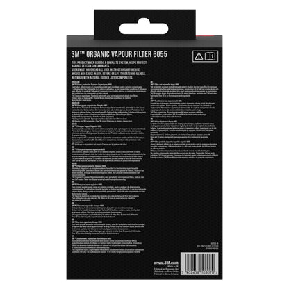 Rückansicht der Verpackung der 3M™ Filterpatrone 6055, A2 Organische Dämpfe von 3M Deutschland GmbH mit mehrsprachigen Anweisungen, Produktinformationen, Warnhinweisen, einem Strichcode und einer Website auf einer schwarzen Verpackung mit weißem Text.