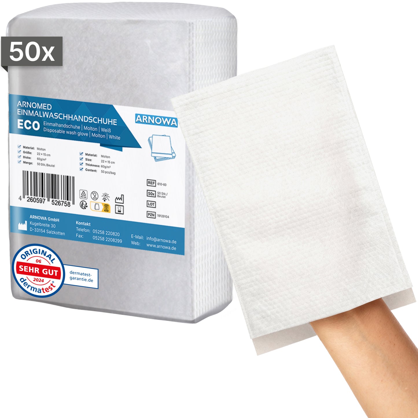 Απεικονίζεται μια σακούλα με 50 γάντια μιας χρήσης ARNOMED από Molton της ARNOWA GmbH. Ένα γάντι φοριέται σε ένα χέρι, στο παρασκήνιο φαίνονται η σφραγίδα Dermatest και η ετικέτα του προϊόντος.