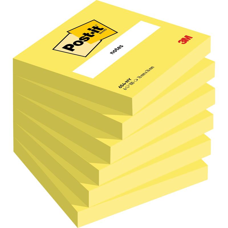 Μια στοίβα από οκτώ κίτρινα Post-it® Notes (76 mm x 76 mm, 100 φύλλα/μπλοκ, 100% PEFC) της 3M Deutschland GmbH είναι διαγώνια τοποθετημένη, με τη λέξη "Notes" στο πάνω μπλοκ και το λογότυπο της 3M στην κάτω δεξιά γωνία.