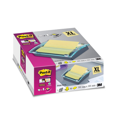 Ένα κουτί Post-it® Z-Notes Dispenser XL, Μαύρο από την 3M Deutschland GmbH με ένα Super Sticky κίτρινο, γραμμωμένο μπλοκ σημειώσεων (101 mm x 101 mm, 90 φύλλα) δείχνει πληροφορίες προϊόντος, branding και μια εικόνα του διανομέα σε χρήση.