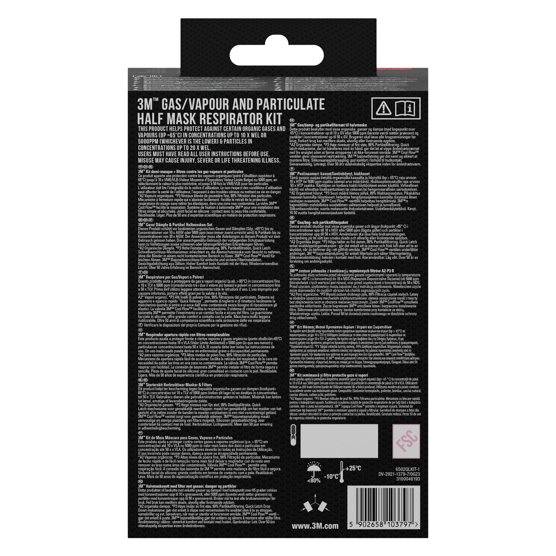 Rückansicht der Verpackung des 3M™ Halbmasken-Gehäuses 6200 wiederverwendbar, mittelgroß von 3M Deutschland GmbH, mit Anweisungen, Warnhinweisen, Symbolen und Barcode auf schwarzem Hintergrund.