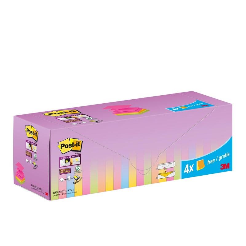 Ένα ορθογώνιο κουτί με Post-it® Super Sticky Z-Notes (76 x 76 mm) σε διάφορα χρώματα, 20 μπλοκ + 4 δωρεάν (προώθηση), 90 φύλλα/μπλοκ, της 3M Deutschland GmbH. Με μοβ, κίτρινες και μπλε ετικέτες σε παστέλ χρώματα και συσκευασία από χαρτόνι PEFC.