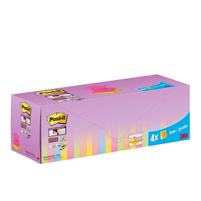 Ένα ορθογώνιο κουτί με Post-it® Super Sticky Z-Notes (76 x 76 mm) σε διάφορα χρώματα, 20 μπλοκ + 4 δωρεάν (προώθηση), 90 φύλλα/μπλοκ, της 3M Deutschland GmbH. Με μοβ, κίτρινες και μπλε ετικέτες σε παστέλ χρώματα και συσκευασία από χαρτόνι PEFC.