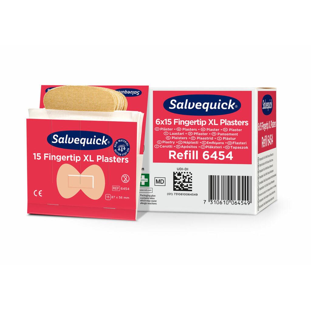 Απεικονίζονται ένα κουτί και μια ανοιχτή συσκευασία Orkla Wound Care AB XL επιθέματα δακτύλων από ύφασμα, 15 κομμάτια/μεταλλείο | συσκευασία (6 κομμάτια). Η λευκό-κόκκινη συσκευασία περιέχει πληροφορίες προϊόντος και εικόνες αυτών των ευέλικτων επιθεμάτων δακτύλων.