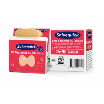 Απεικονίζονται ένα κουτί και μια ανοιχτή συσκευασία Orkla Wound Care AB XL επιθέματα δακτύλων από ύφασμα, 15 κομμάτια/μεταλλείο | συσκευασία (6 κομμάτια). Η λευκό-κόκκινη συσκευασία περιέχει πληροφορίες προϊόντος και εικόνες αυτών των ευέλικτων επιθεμάτων δακτύλων.