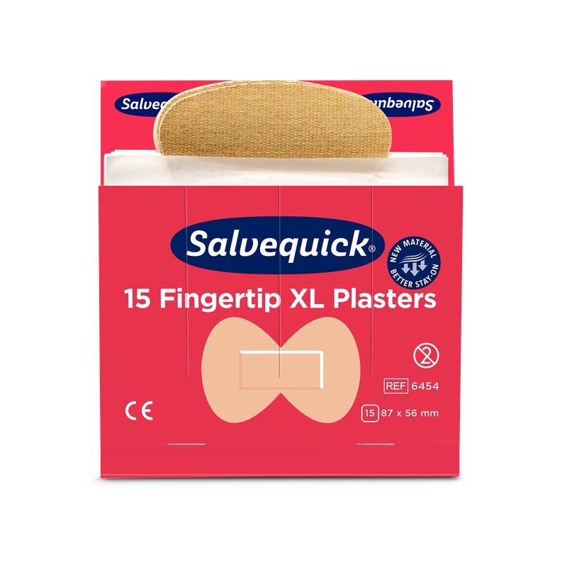 Ένα κόκκινο κουτί Orkla Wound Care AB XL επιθέματα δακτύλων από ύφασμα, 15 κομμάτια/μεταλλείο (συσκευασία 6 κομματιών), με ένα μερικώς αφαιρεμένο επίθεμα. Στη συσκευασία εμφανίζονται το σήμα CE, οι διαστάσεις και μια εικόνα της μορφής του δακτύλου.