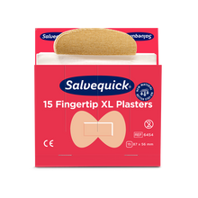 Ένα κόκκινο κουτί Orkla Wound Care AB XL επιθέματα δακτύλων από ύφασμα, 15 κομμάτια/μεταλλείο (συσκευασία 6 κομματιών), με ένα μερικώς αφαιρεμένο επίθεμα. Στη συσκευασία εμφανίζονται το σήμα CE, οι διαστάσεις και μια εικόνα της μορφής του δακτύλου.