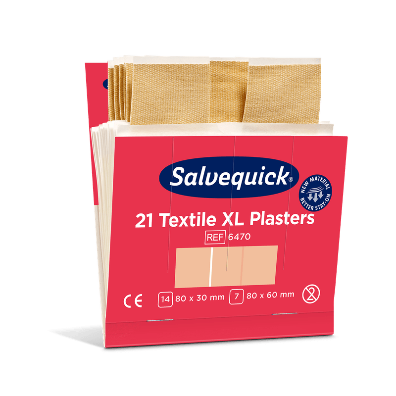 Ένα κουτί Orkla Wound Care AB XL textilgips, 21 κομμάτια/Μίνι (πακέτο με 6 κομμάτια), με μπεζ υφασμάτινα επιθέματα στο εσωτερικό. Η συσκευασία δείχνει το όνομα του προϊόντος, τα μεγέθη, το σήμα CE, την αντοχή στο νερό, και είναι ιδανική για μικρούς τραυματισμούς.