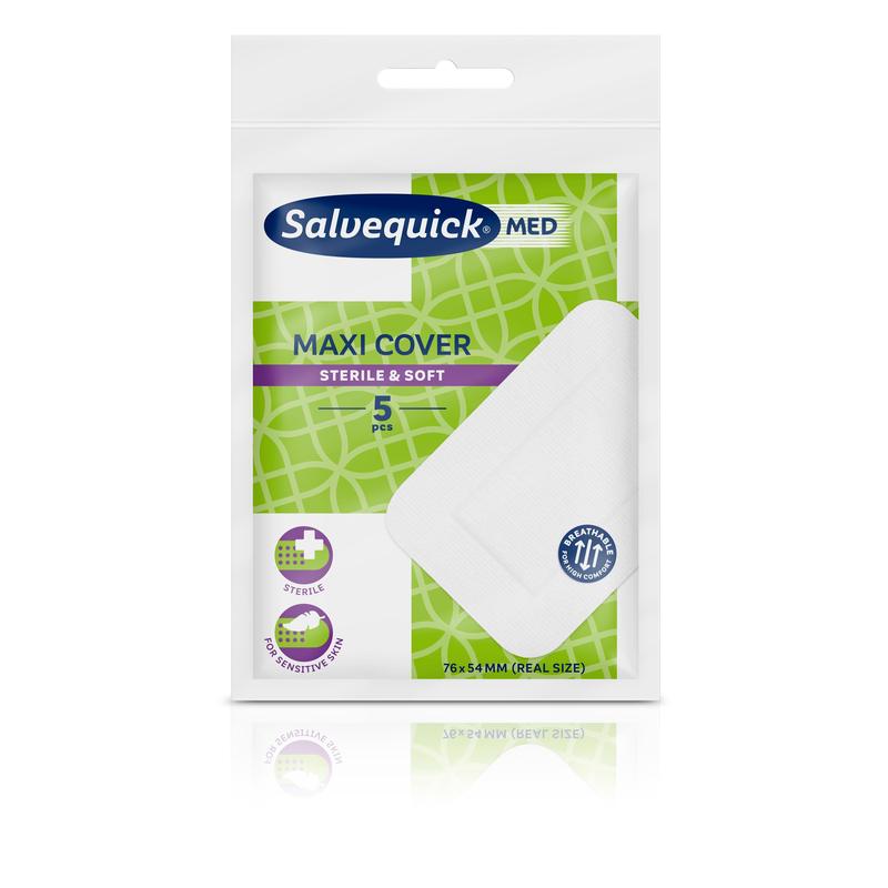 Απεικονίζεται μια συσκευασία Salvequick Maxi Bezug 76x54 mm επιθέματα πληγών από την Orkla Wound Care AB. Το πράσινο-λευκό κουτί περιέχει 5 αποστειρωμένα, μαλακά επιθέματα πληγών και εμφανίζει στην μπροστινή πλευρά πληροφορίες προϊόντος καθώς και μια εικόνα του επιθέματος πληγής.