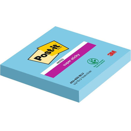 Ένα μπλε μπλοκ της 3M Deutschland GmbH Post-it® Super Sticky Notes, 76 mm x 76 mm, 90 φύλλα ανά μπλοκ, με λογότυπο και πληροφορίες προϊόντος στη συσκευασία. Κατασκευασμένο από 100% υλικό πιστοποιημένο από PEFC.