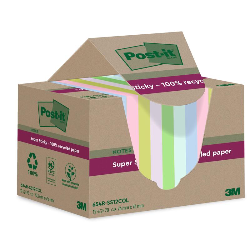 Ένα κουτί 3M Post-it® Super Sticky 100% Ανακυκλωμένα Σημειώματα (76 mm x 76 mm, 70 φύλλα, πιστοποιημένο PEFC) σε διάφορα παστέλ χρώματα, με πράσινη και μοβ τονισμένη φιλική προς το περιβάλλον συσκευασία.